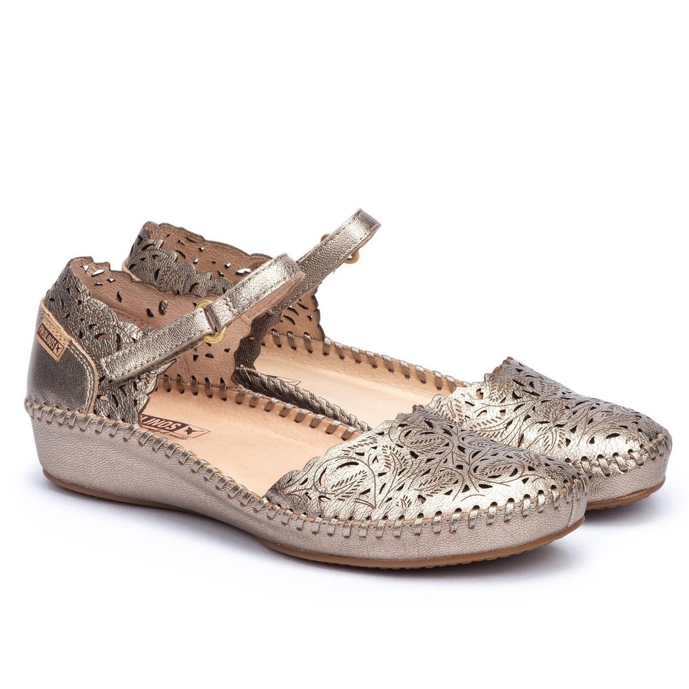 Pikolinos P. VALLARTA Lasercut Ankle Strap Flats In Metallic Silver Size 40 Boho